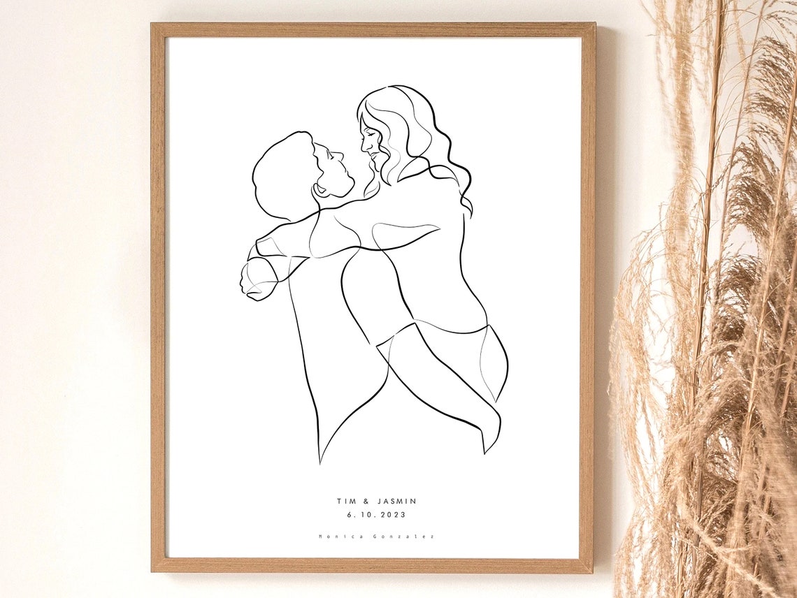 Custom Couple Embrace Kiss Continuous Line Wedding Date Poster