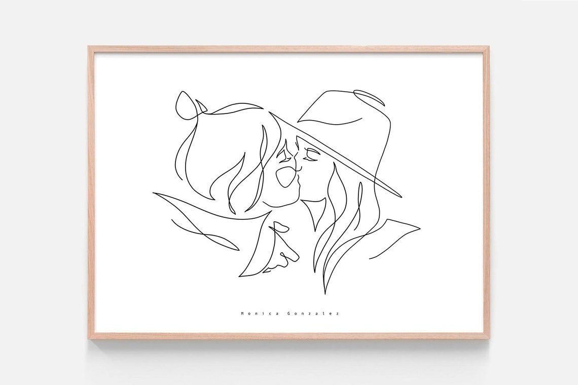 One Line Couple Kissing With Hat Romantic Minimalist Line Art Poster