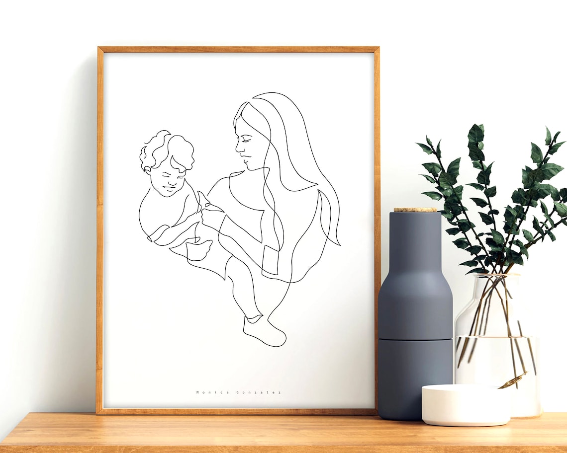 Family of Three with Happy Dog Minimalist Line Art Portrait Print - Image 3