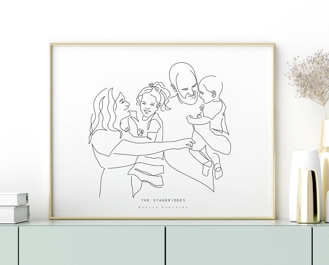 Family of Three with Happy Dog Minimalist Line Art Portrait Print - Image 7