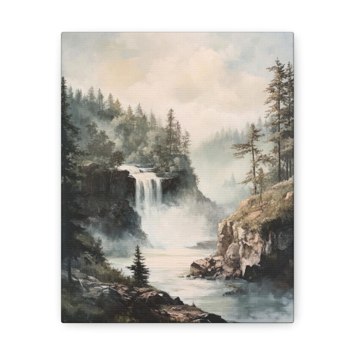 Misty River Waterfall Among Pine Cliffs in Gray Tones Poster - Image 3