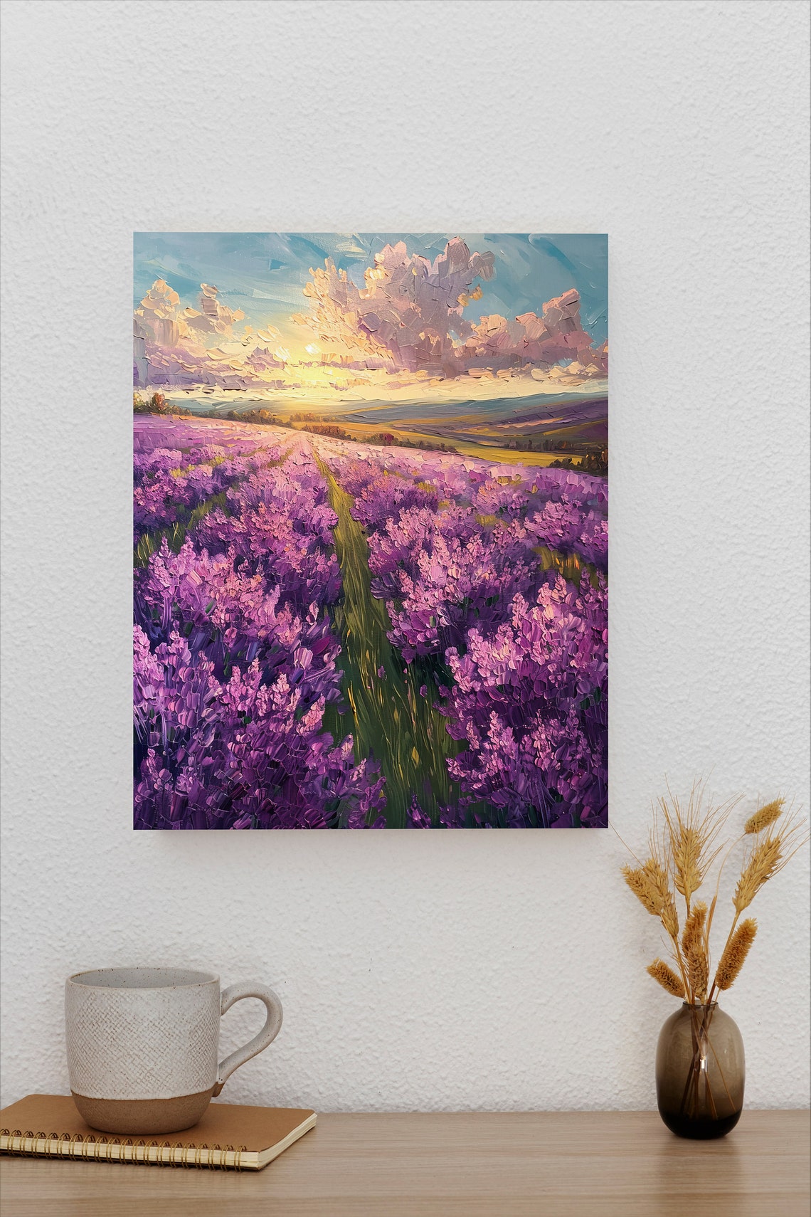 Lavender Field Path at Sunset Under Golden Cloudy Sky Poster - Image 2