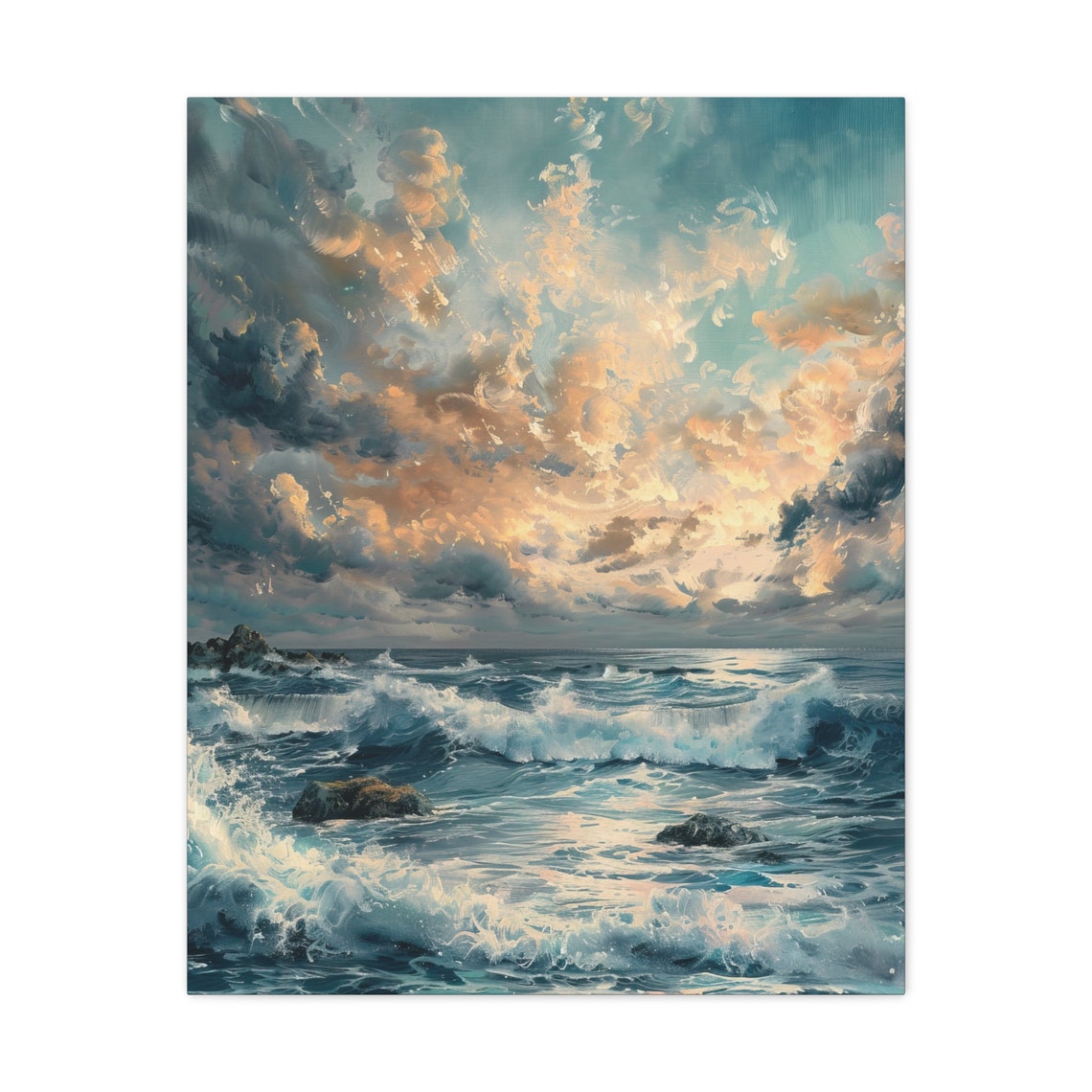 Teal Ocean Waves Poster Under a Peachy Golden Sunset Cloud Sky Scene - Image 3