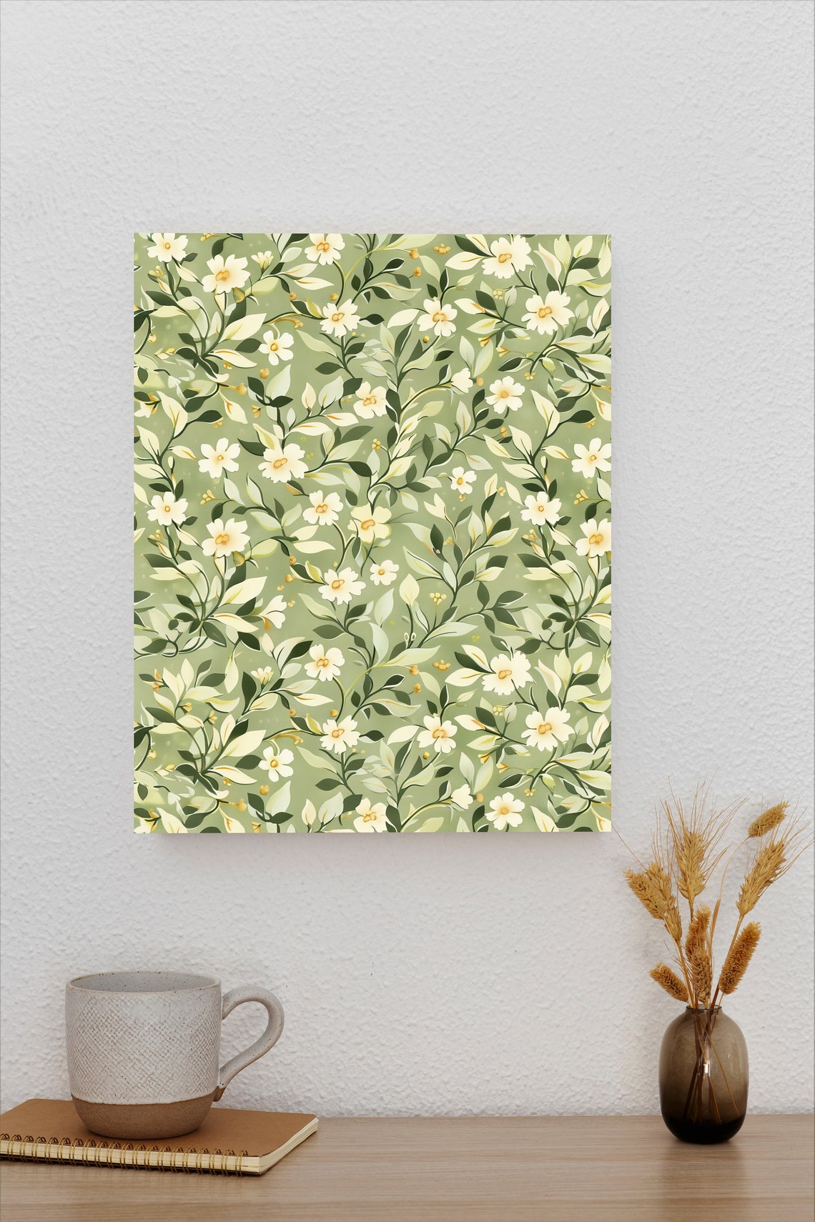 Sage Green Floral Pattern Poster with White Blossoms Botanical Design - Image 2