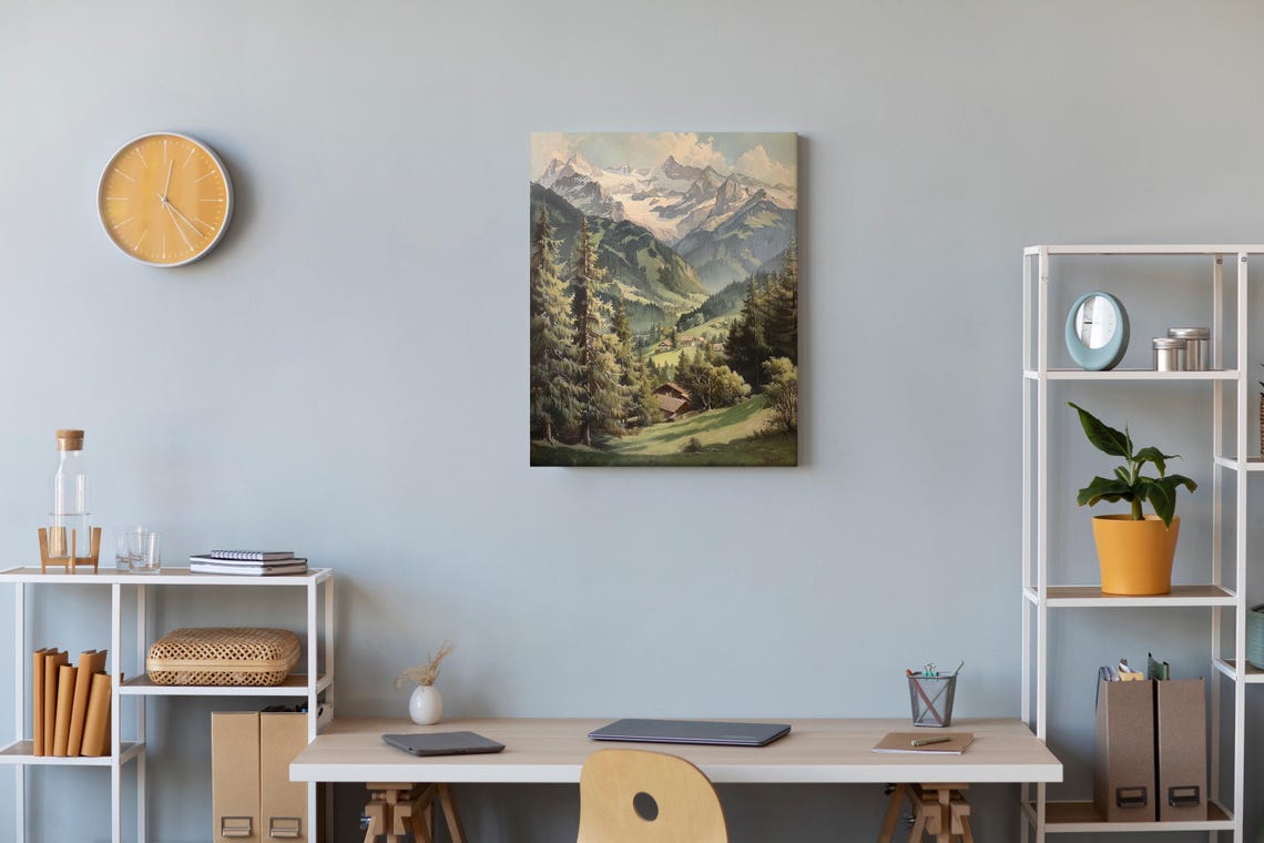 Mountain Wall Art Print Rustic Mountain Painting Landscape Wall Art Snow Mountain Painting Vintage Farmhouse Decor Forest Art - Image 2