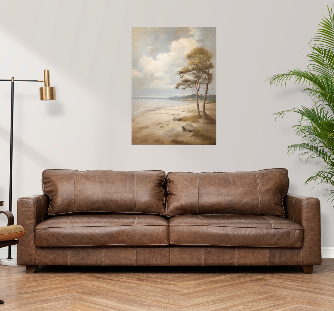Serene Beach with Windblown Trees in Soft Neutral Tones Poster - Image 3