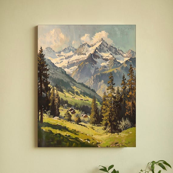 Mountain Wall Art Print Rustic Mountain Painting Landscape Wall Art Snow Mountain Painting Vintage Farmhouse Decor Forest Art