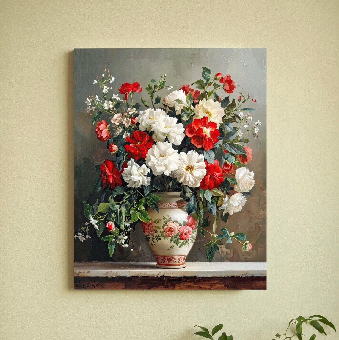 Red and White Roses in Decorated Porcelain Vase Still Life Poster