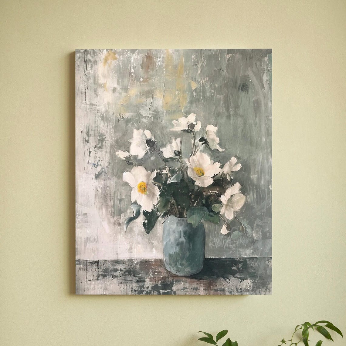 White Cosmos Flowers Blue Vase Gray Abstract Background Floral Poster