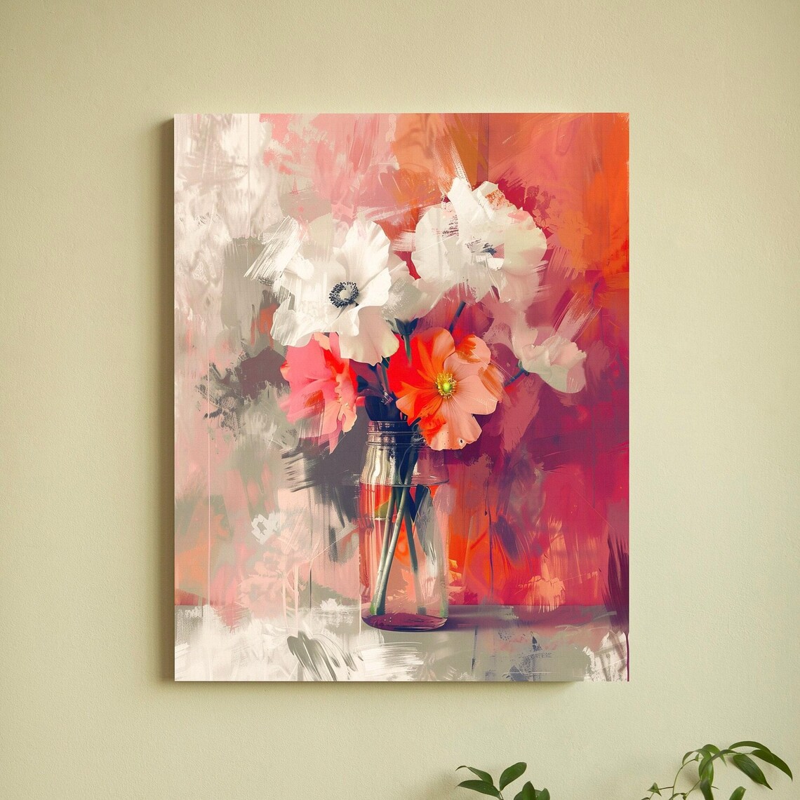 White Anemones and Coral Flowers Poster in Glass Jar Abstract Floral