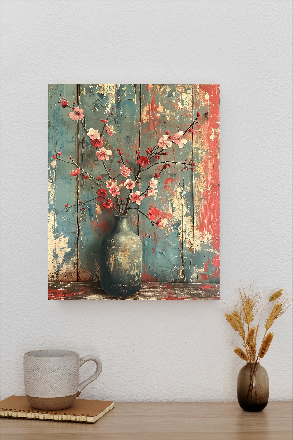 Red Blossom Branches Vintage Vase Distressed Wood Still Life Poster - Image 2