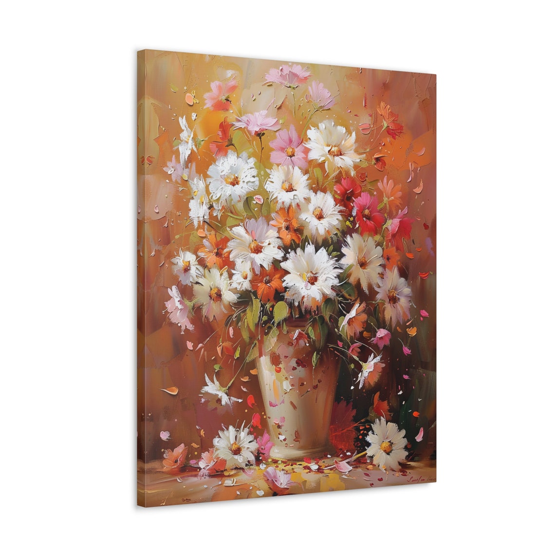 White and Pink Cosmos Bouquet in Vase with Warm Amber Glow Poster - Image 4