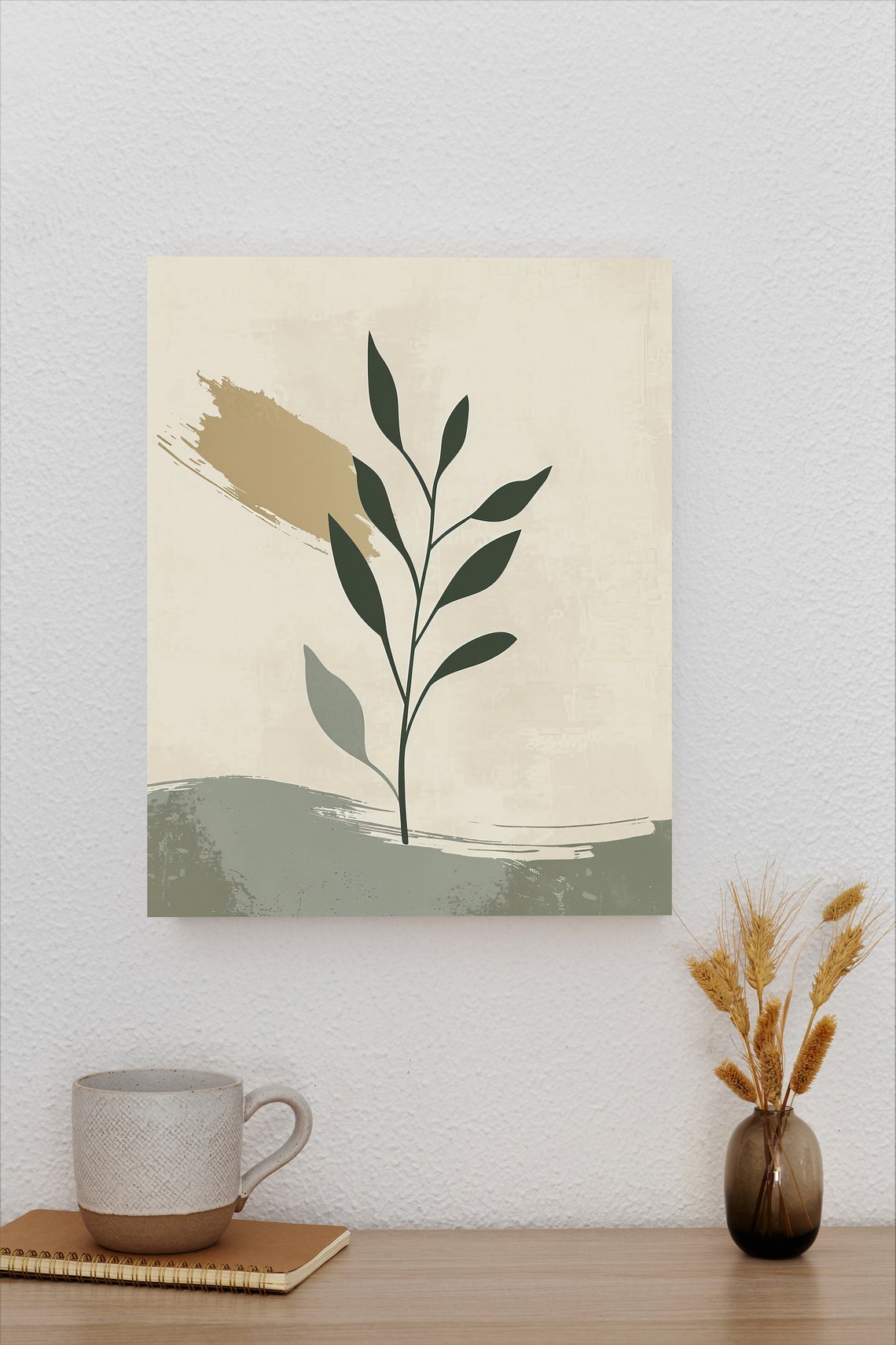 Minimalist Sage Green Botanical Branch with Cream Brushstrokes Poster - Image 2