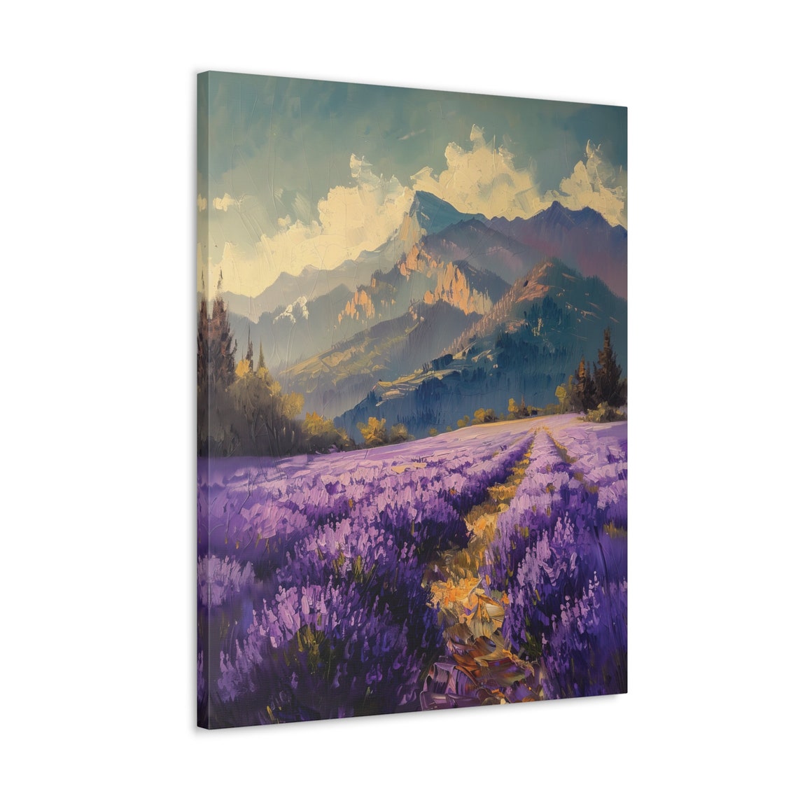 Lavender Field Rows Before Glowing Rocky Cliffs at Dusk Poster - Image 4