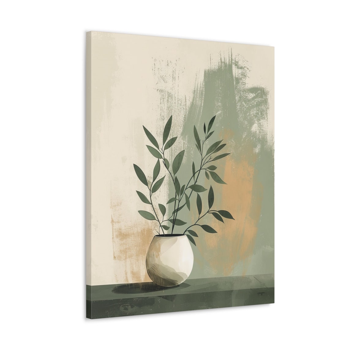 Sage Green Sprigs in White Pot with Brushstroke Background Poster - Image 4