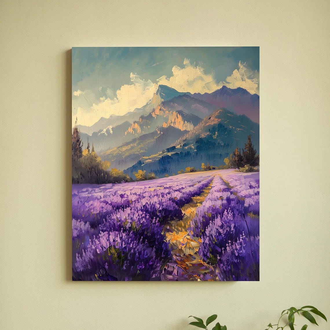 Lavender Field Rows Before Glowing Rocky Cliffs at Dusk Poster