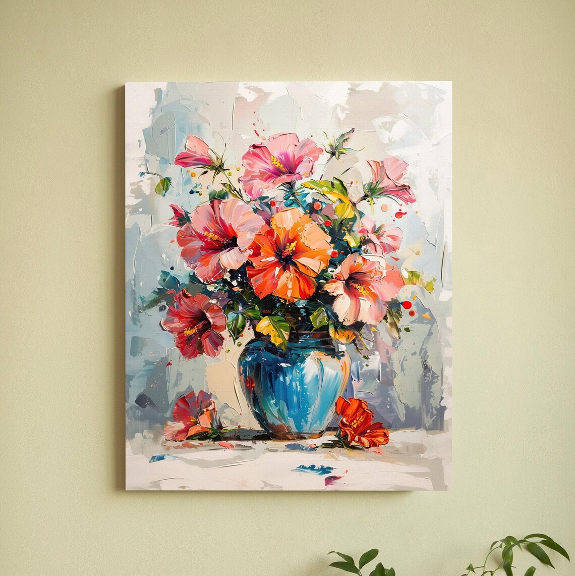 Colorful Hibiscus Bouquet Blue Vase Modern Floral Art Poster