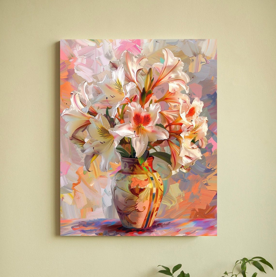 White and Pink Lilies in Decorated Vase with Abstract Pastel Poster