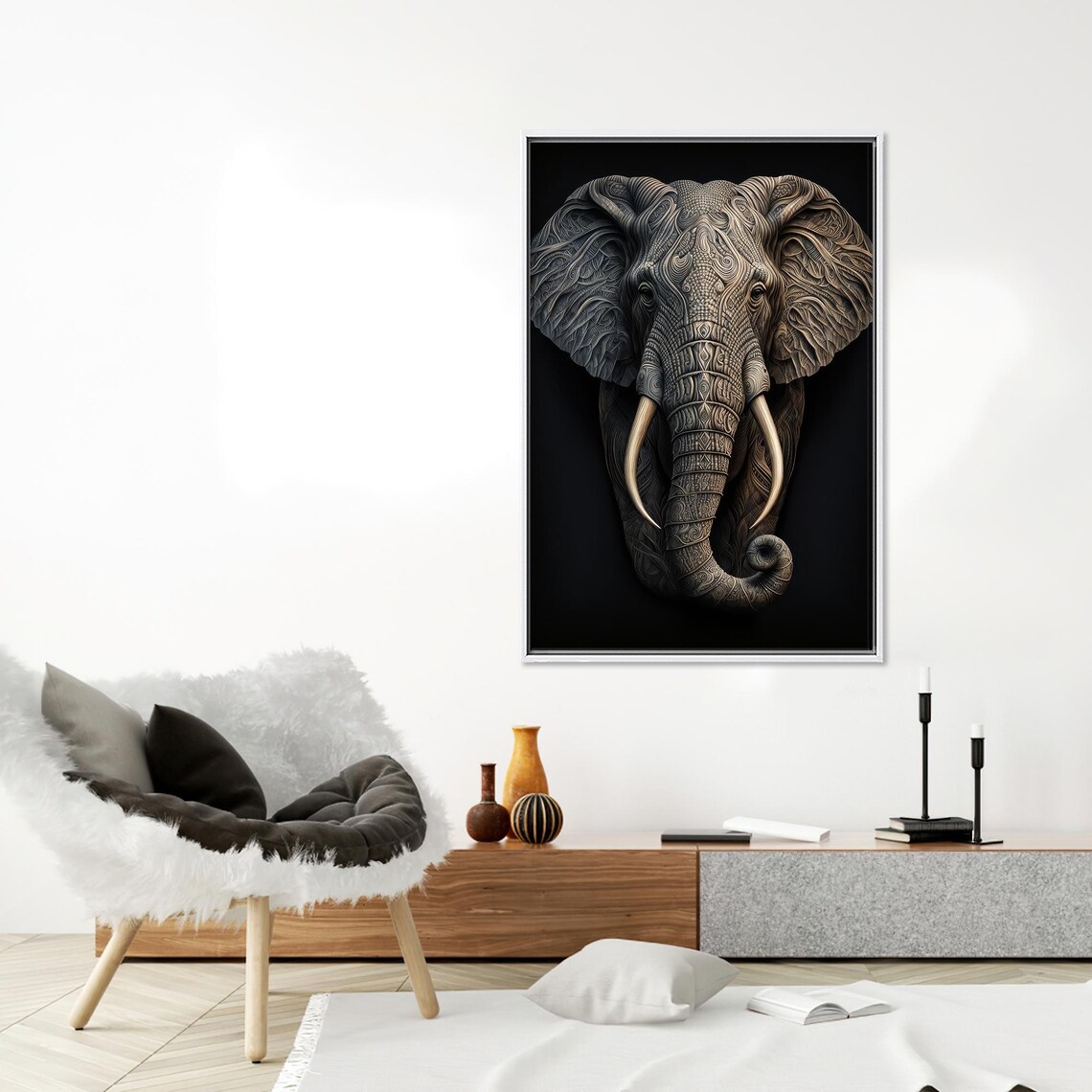 Majestic Elephant Head in Tribal Detailed Style Art on Black Poster - Image 4