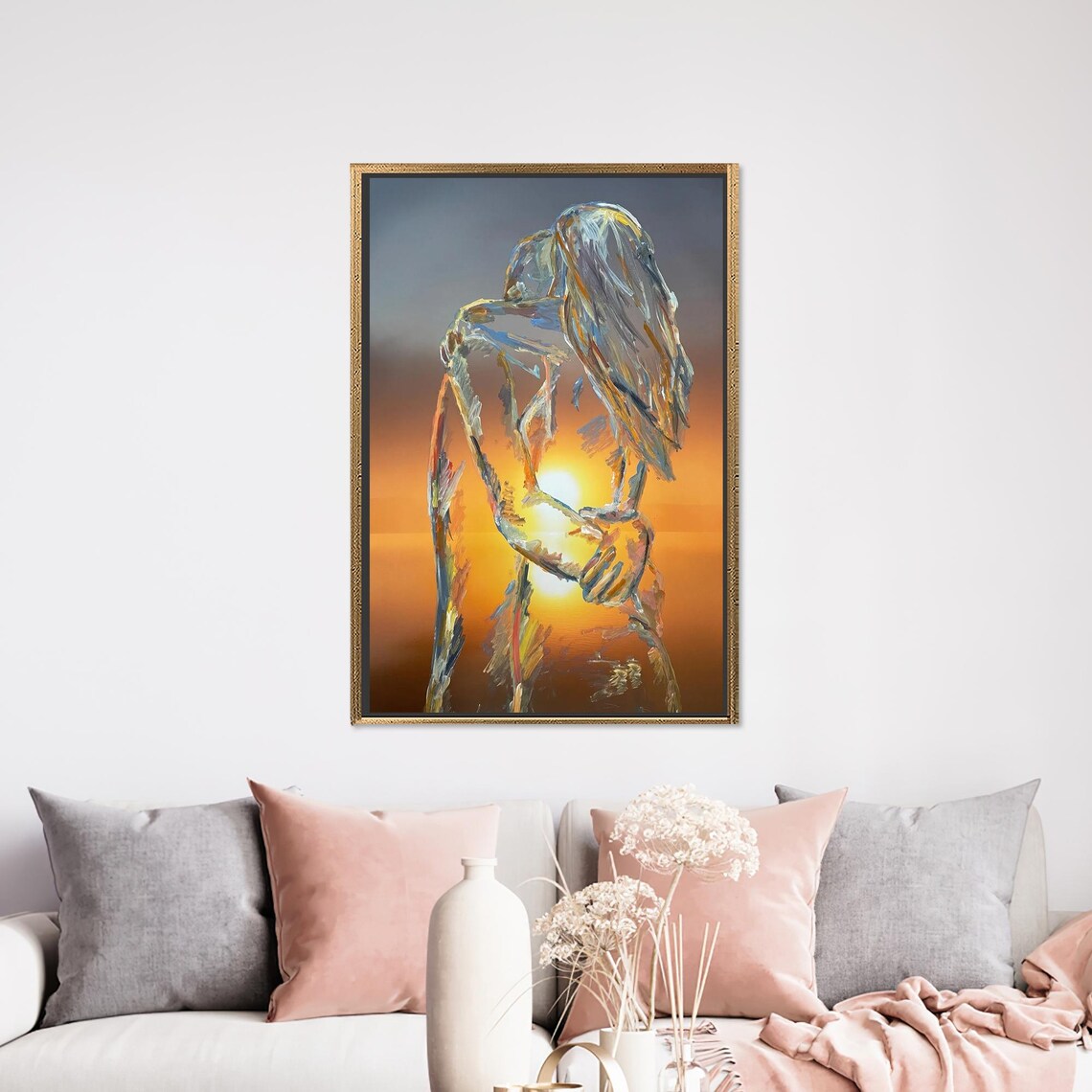 Romantic Couple Embracing at Sunset Abstract Love Story Poster - Image 2