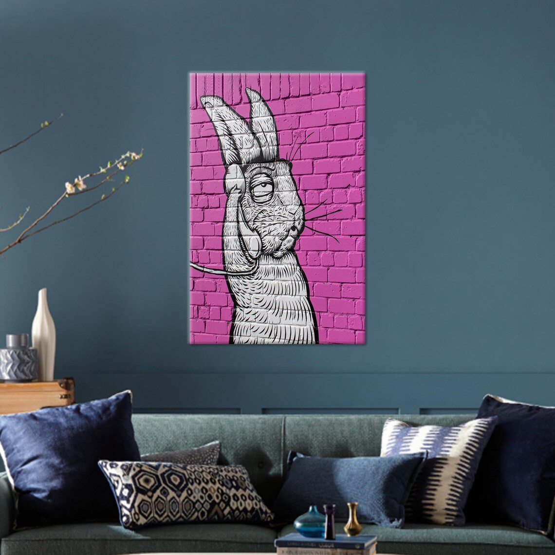 Cheeky Graffiti-Style Rabbit on a Hot Pink Brick Wall Poster