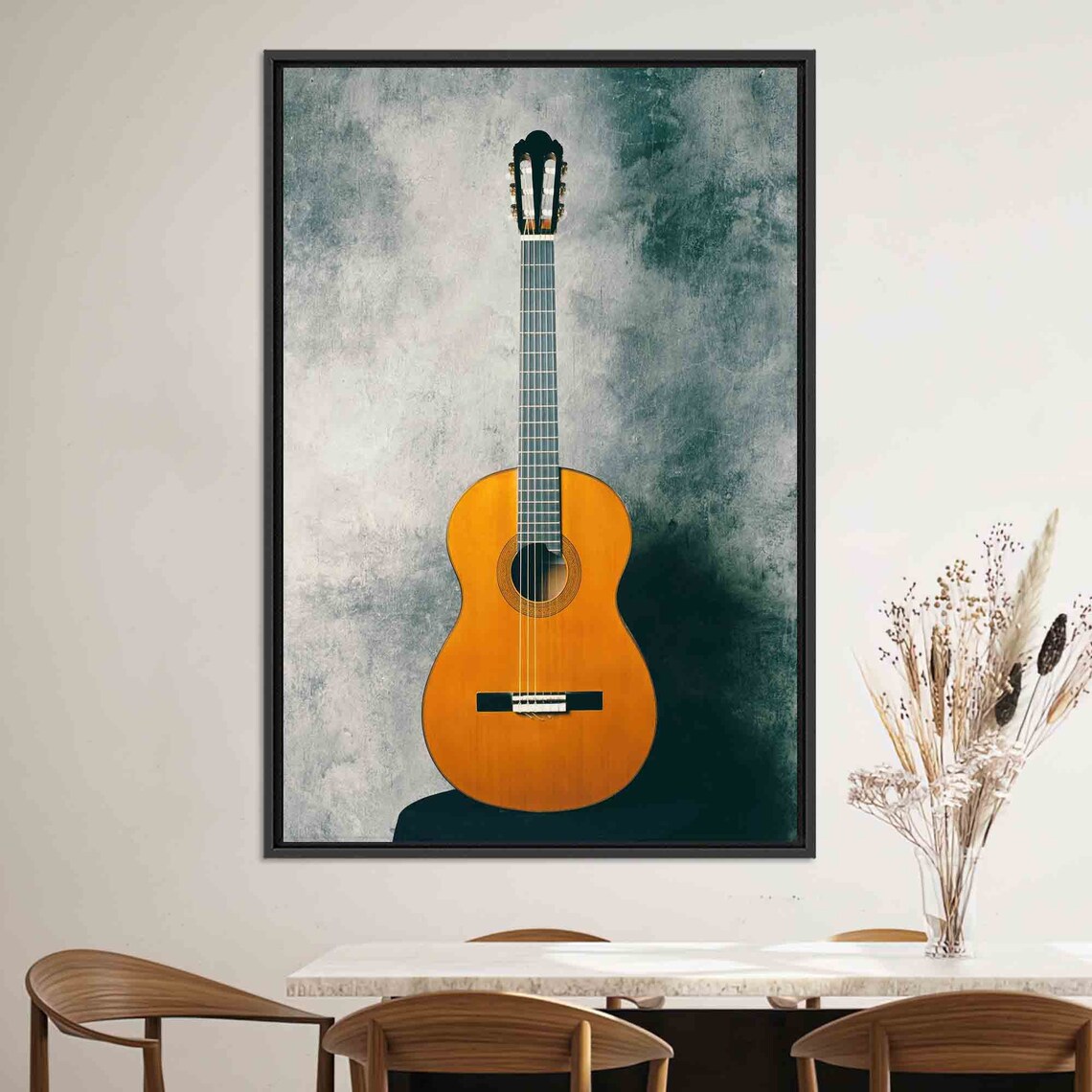 Classical Acoustic Guitar on Moody Teal Grunge Backdrop Poster - Image 3
