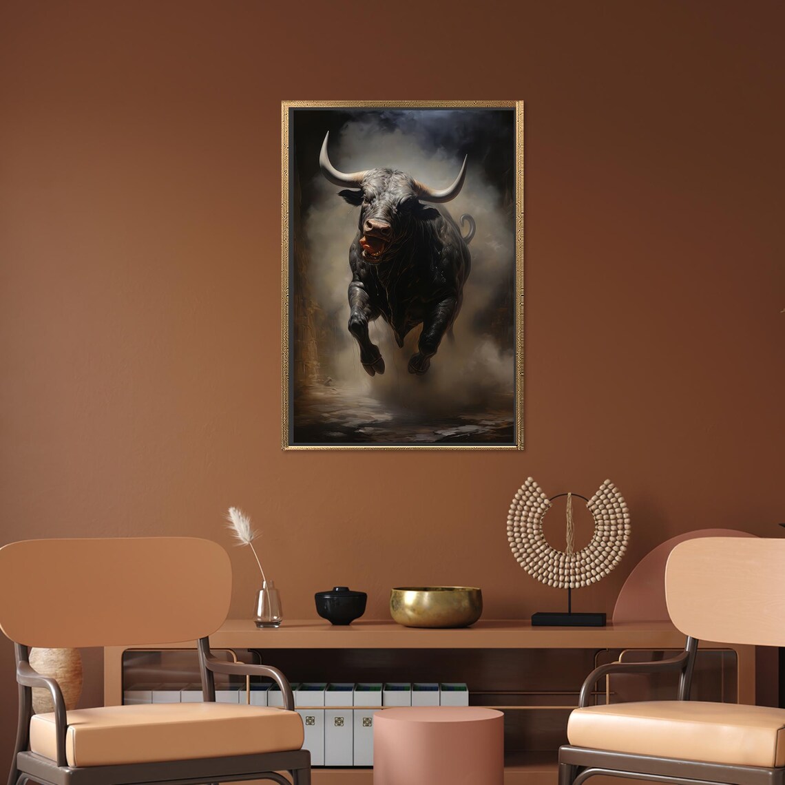 Fierce Charging Black Bull in Dramatic Wild West Style Art Poster - Image 2
