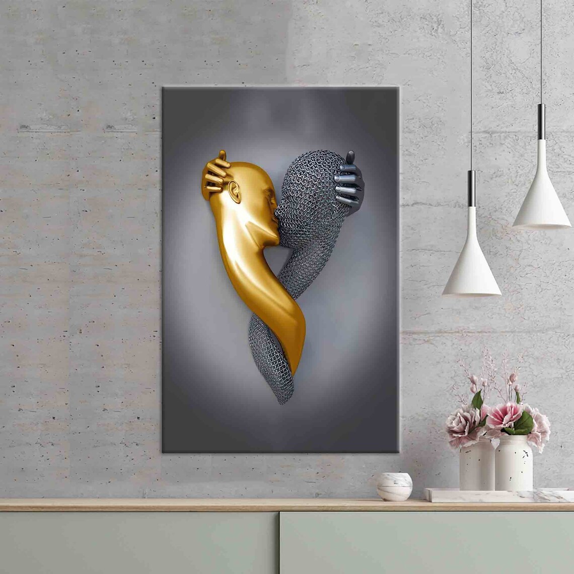 Metallic Couple Kissing Art, Modern Personalized Gift