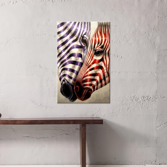 Two Zebra Faces Pressed Cheek to Cheek in Purple and Red Poster