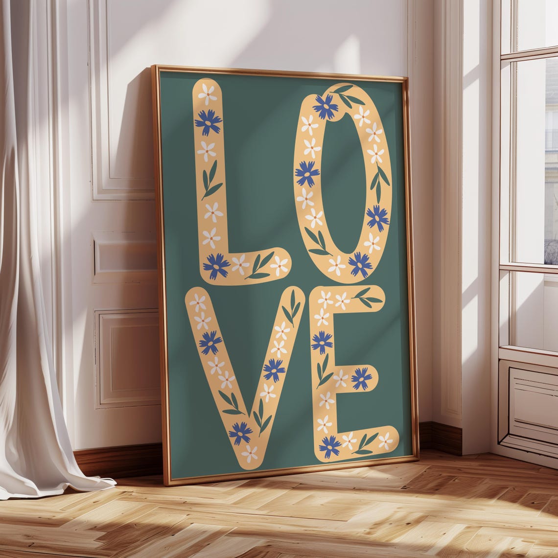 LOVE Floral Letter Boho Typography Green Gold Retro Wall Art Print - Image 4