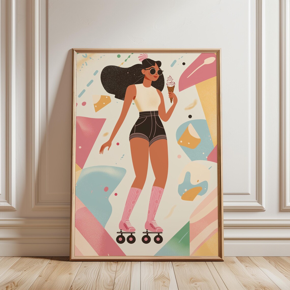 Retro Roller Skating Girl Art Print, 80s Boho