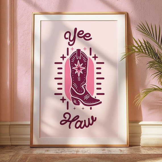 Pink Cowboy Boots Poster Country Style Cowgirl Design Yeehaw Poster Pink Wall Art Girly Decor