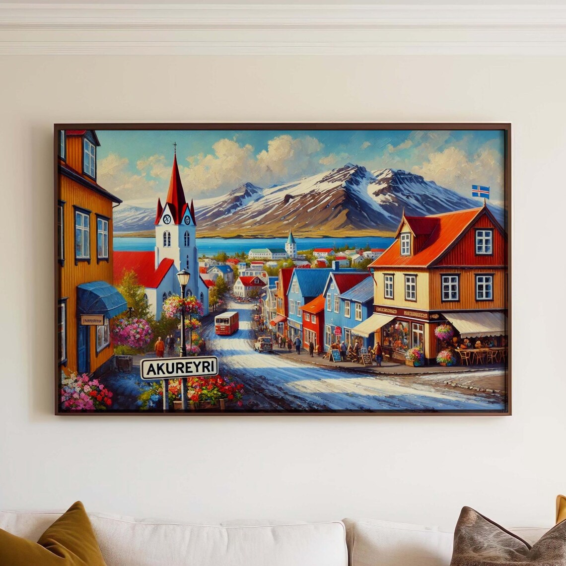 Akureyri Iceland Colorful Town Painting Red Church Street Sign Poster