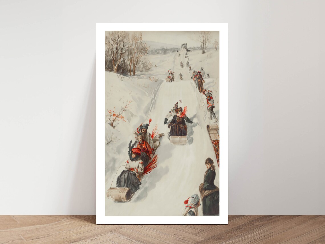 Vintage Winter Sleigh Ride Party Scene On A Snowy Hill Poster - Image 2