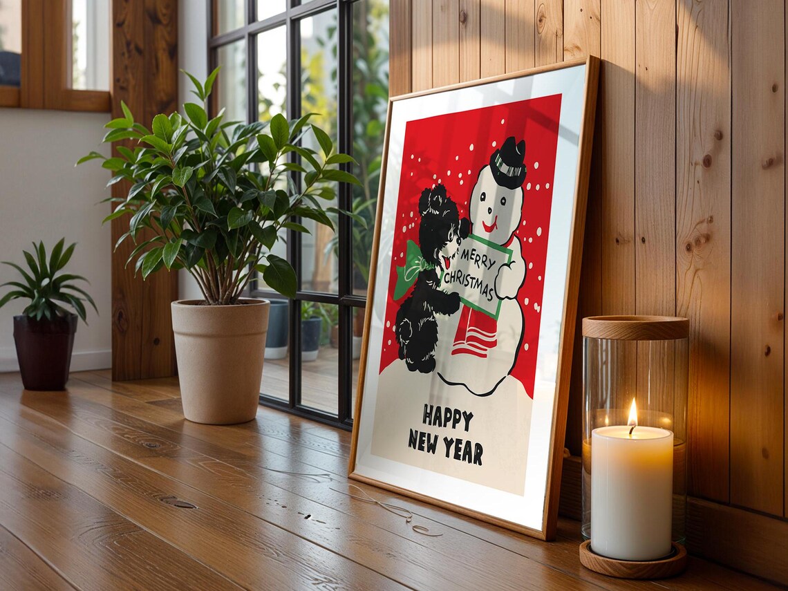 Merry Christmas Happy New Year Snowman Puppy Vintage Holiday Poster - Image 4