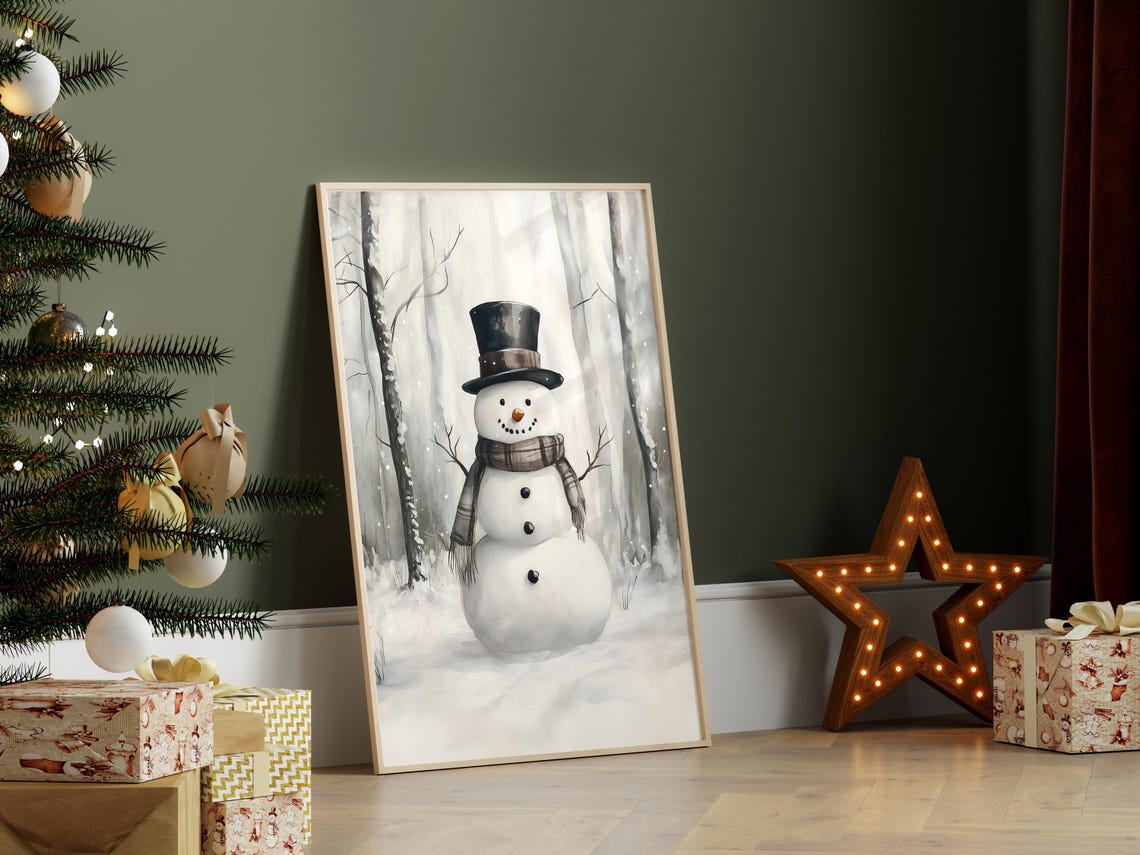 Snowman In Birch Forest Winter Watercolor Holiday Art Poster - Image 3