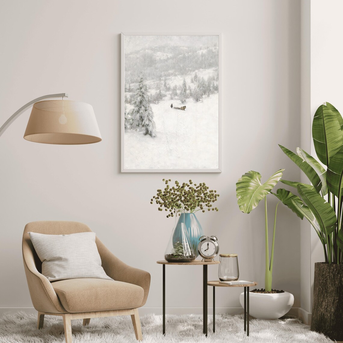Antique Winter Valley Horse Sled Snowy Landscape Oil Painting Poster - Image 2