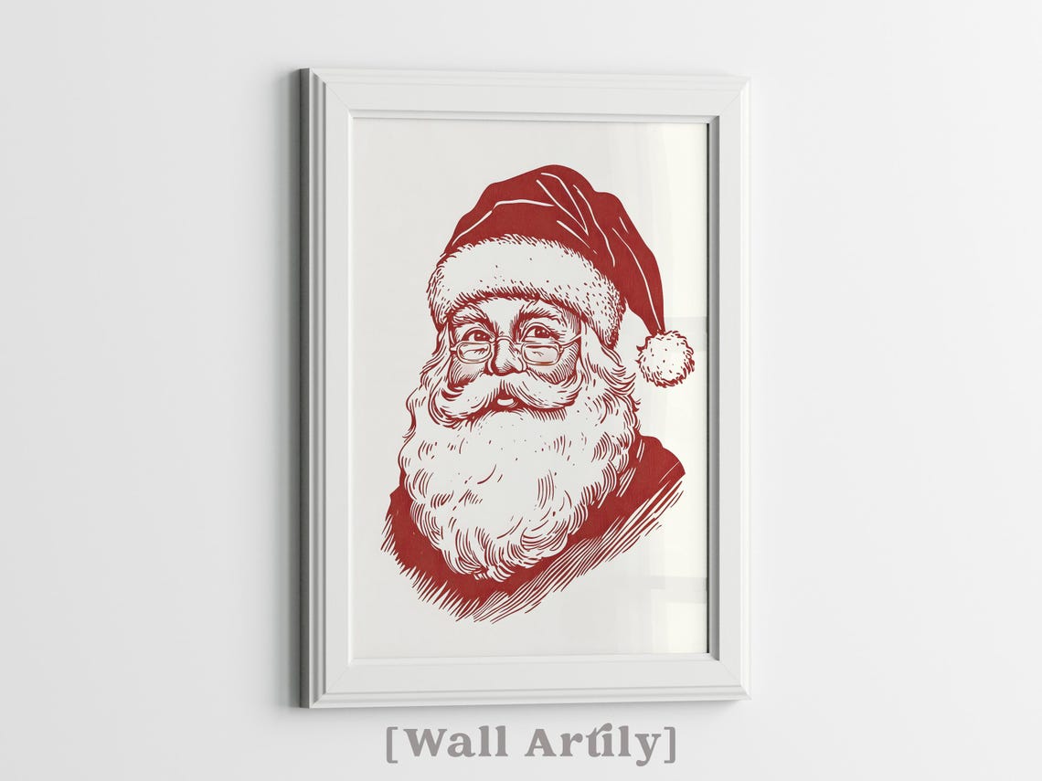 Vintage Red Line Art Santa Claus Portrait With Glasses Poster - Image 3