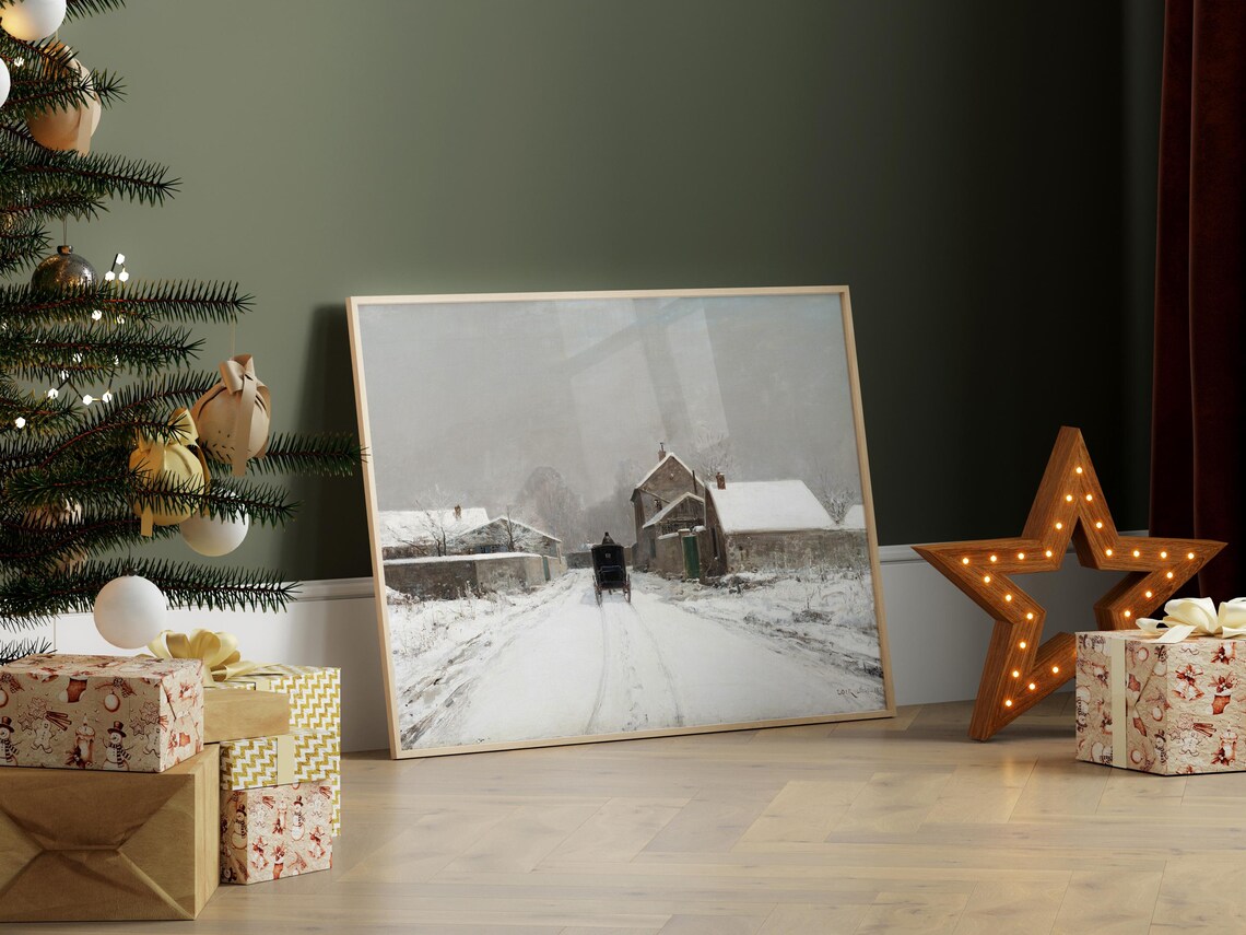 Horse Drawn Carriage On A Snowy Village Road Winter Painting Poster - Image 4