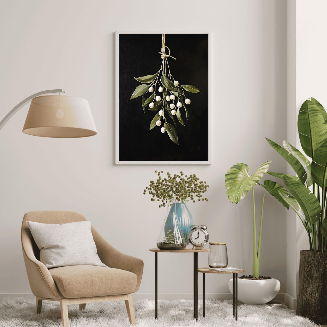 Hanging Mistletoe With White Berries On Black Background Poster - Image 4