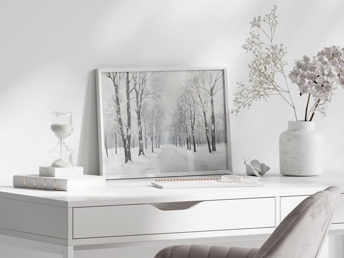 Snowy Bare Trees Lining A Misty Winter Path Monochrome Poster - Image 3