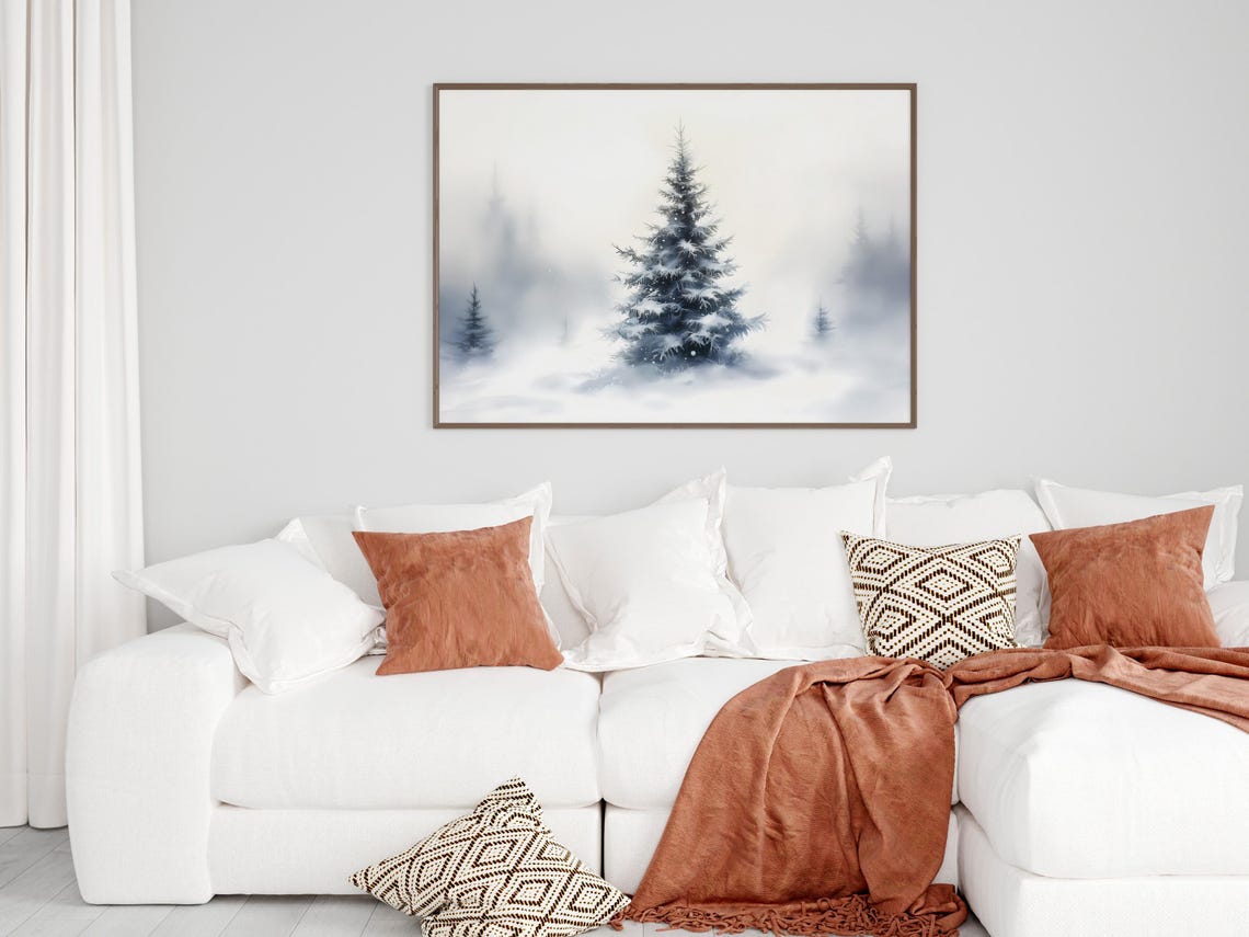 Misty Snowy Pine Tree Foggy Winter Forest Watercolor Decor Poster - Image 4