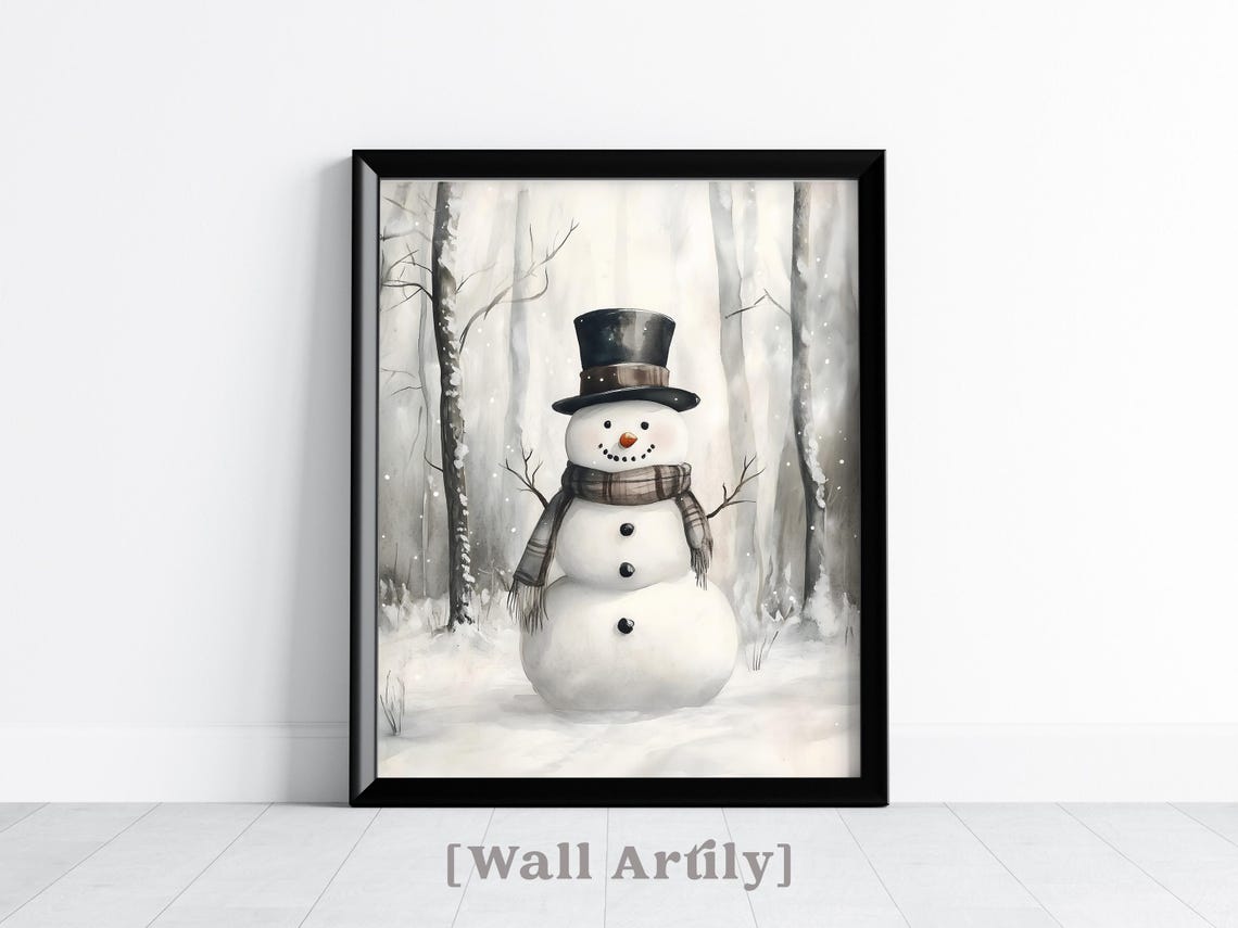 Snowman In Birch Forest Winter Watercolor Holiday Art Poster - Image 6