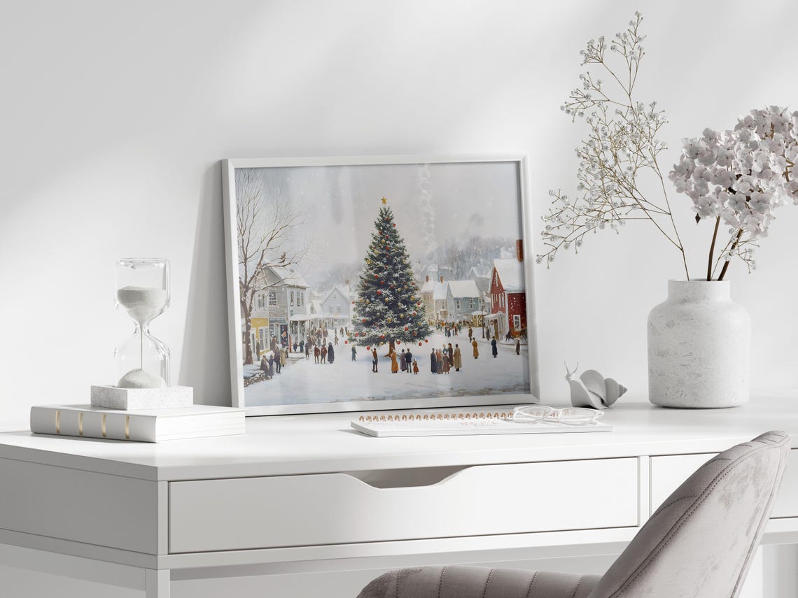 Snowy Village Square Giant Christmas Tree Vintage Holiday Poster - Image 4