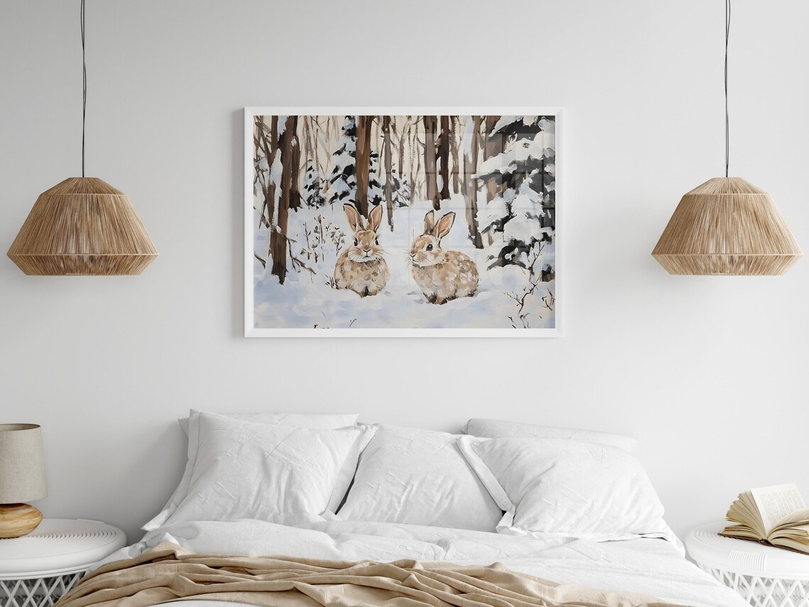Snowy Forest Bunnies Winter Woodland Oil Painting Animal Poster - Image 6