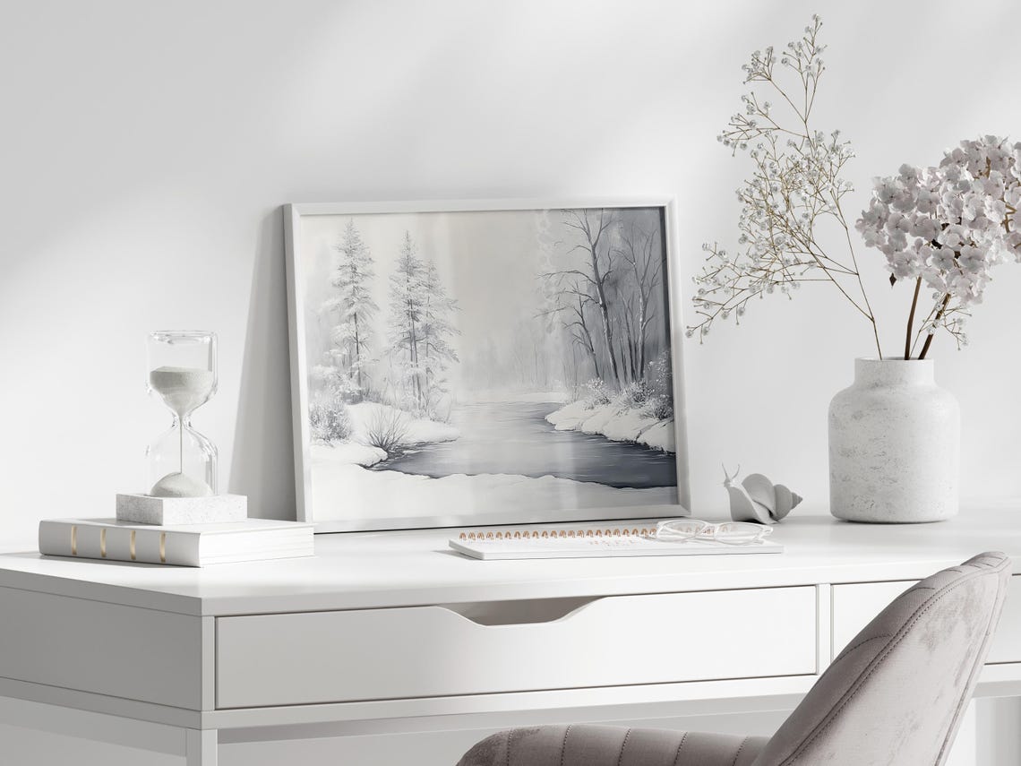 Monochrome Winter River Misty Trees Snowy Landscape Art Poster - Image 3