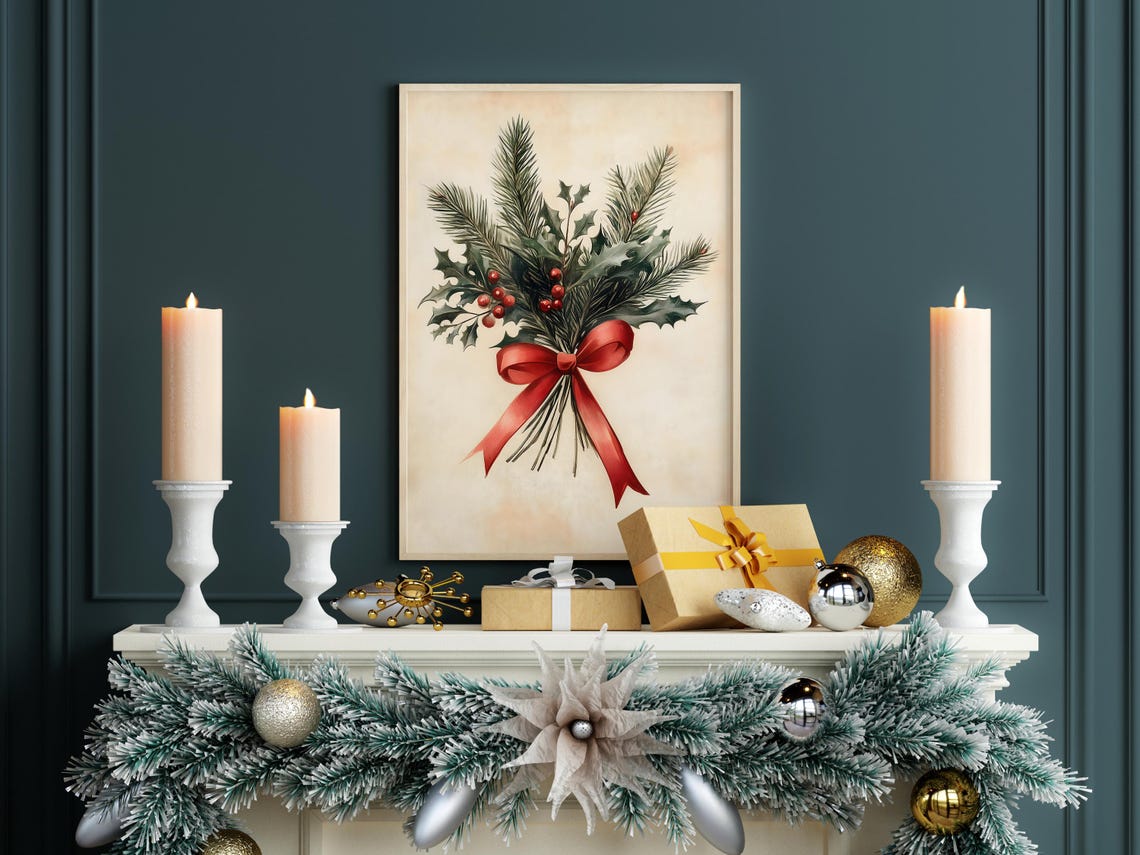 Vintage Pine And Holly Christmas Bouquet With Red Ribbon Bow Poster - Image 7