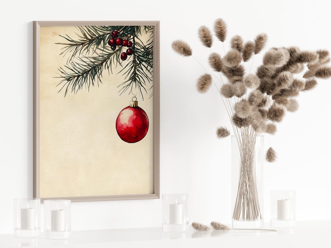 Red Christmas Ornament Hanging From Pine Branch Watercolor Poster - Image 2