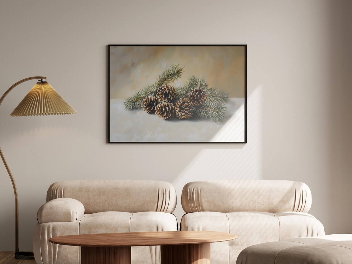 Pinecones And Evergreen Sprigs Winter Still Life Painting Poster - Image 7