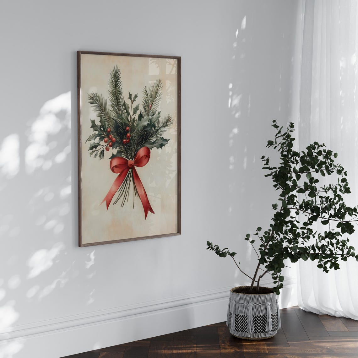 Vintage Pine And Holly Christmas Bouquet With Red Ribbon Bow Poster - Image 5